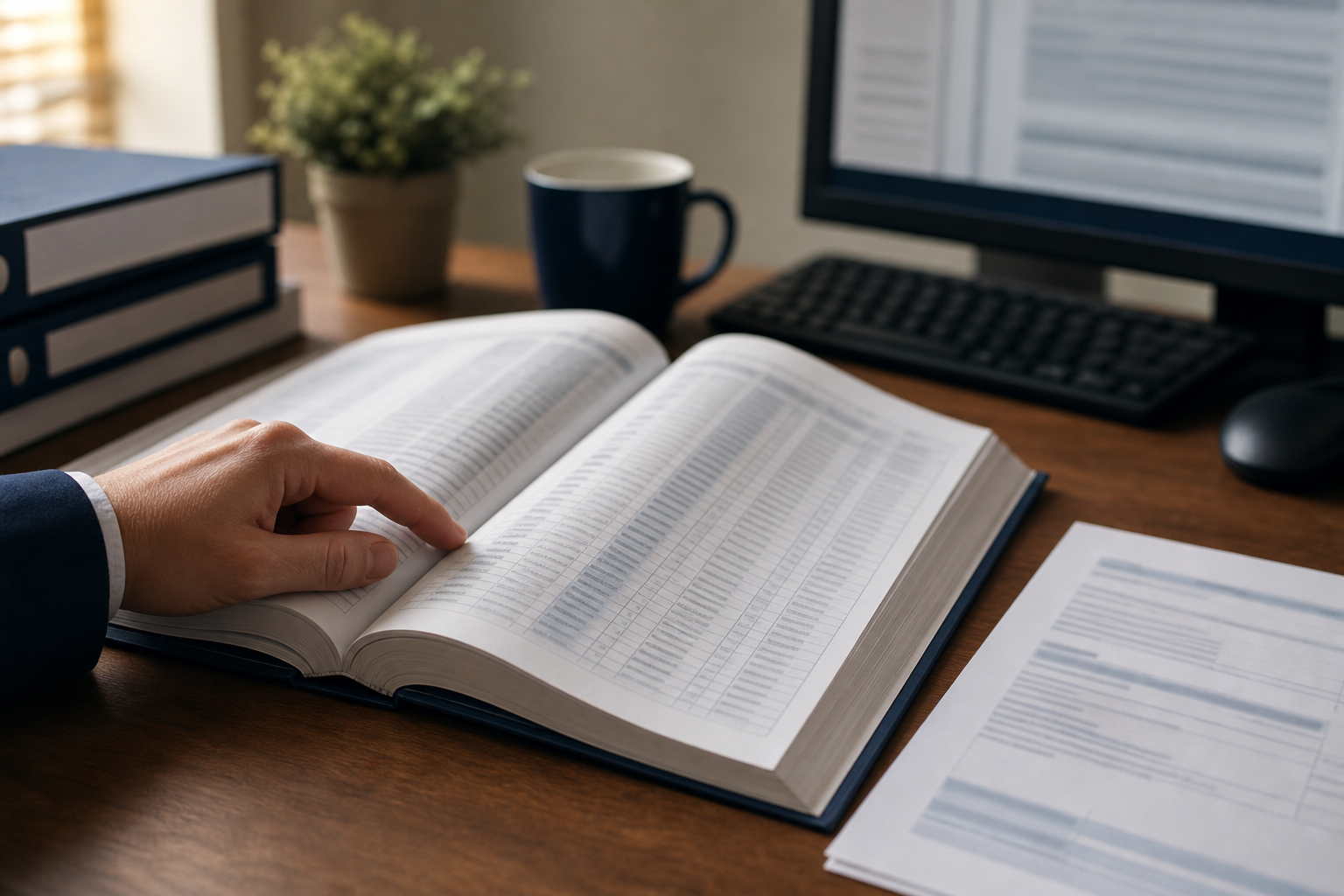An open tariff schedule lying on a desk beside a single sheet of invoice paper, a hand resting at the edge of the book with one fingertip partway down a column.