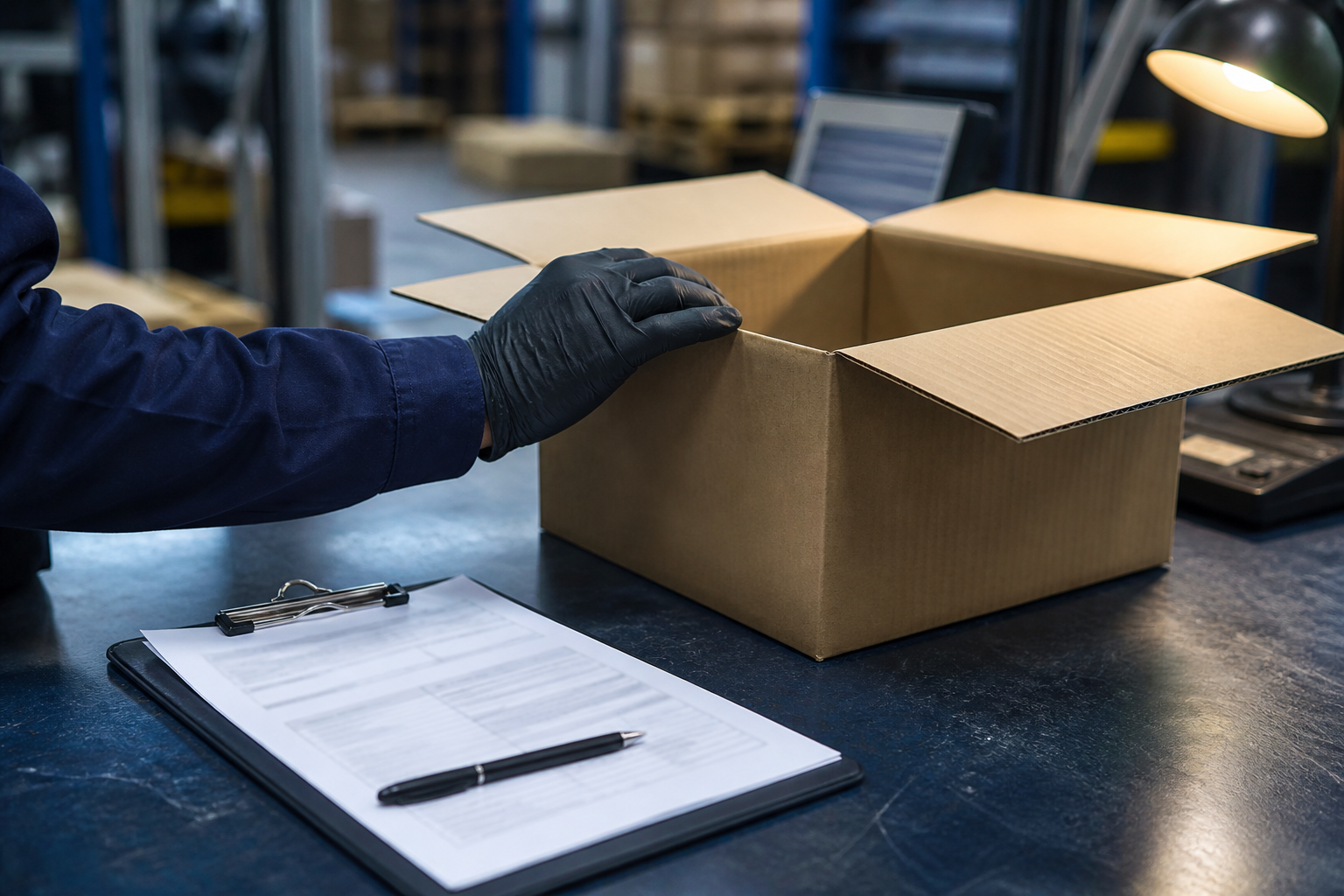An opened cardboard carton on a customs inspection bench with a gloved hand resting on its rim and a clipboard of paperwork lying flat beside it.
