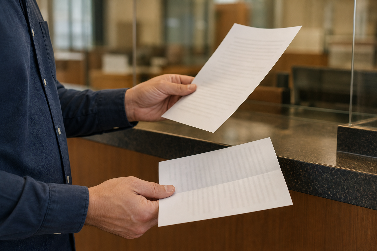 A person standing at a bank trade-finance counter, holding a printed advice sheet up in one hand and a folded sheet in the other, comparing the two; hands and sleeves only.